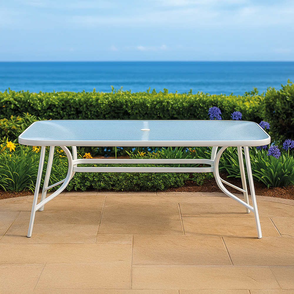 Tavolo da esterno 150x90 cm, in vetro e acciaio, bianco, Esté