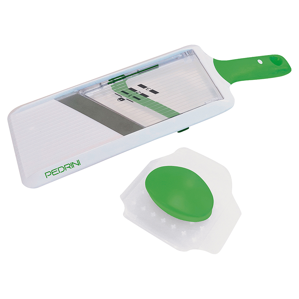 <p>Affettatrice a mandolina in acciaio e ABS, Pedrini</p>