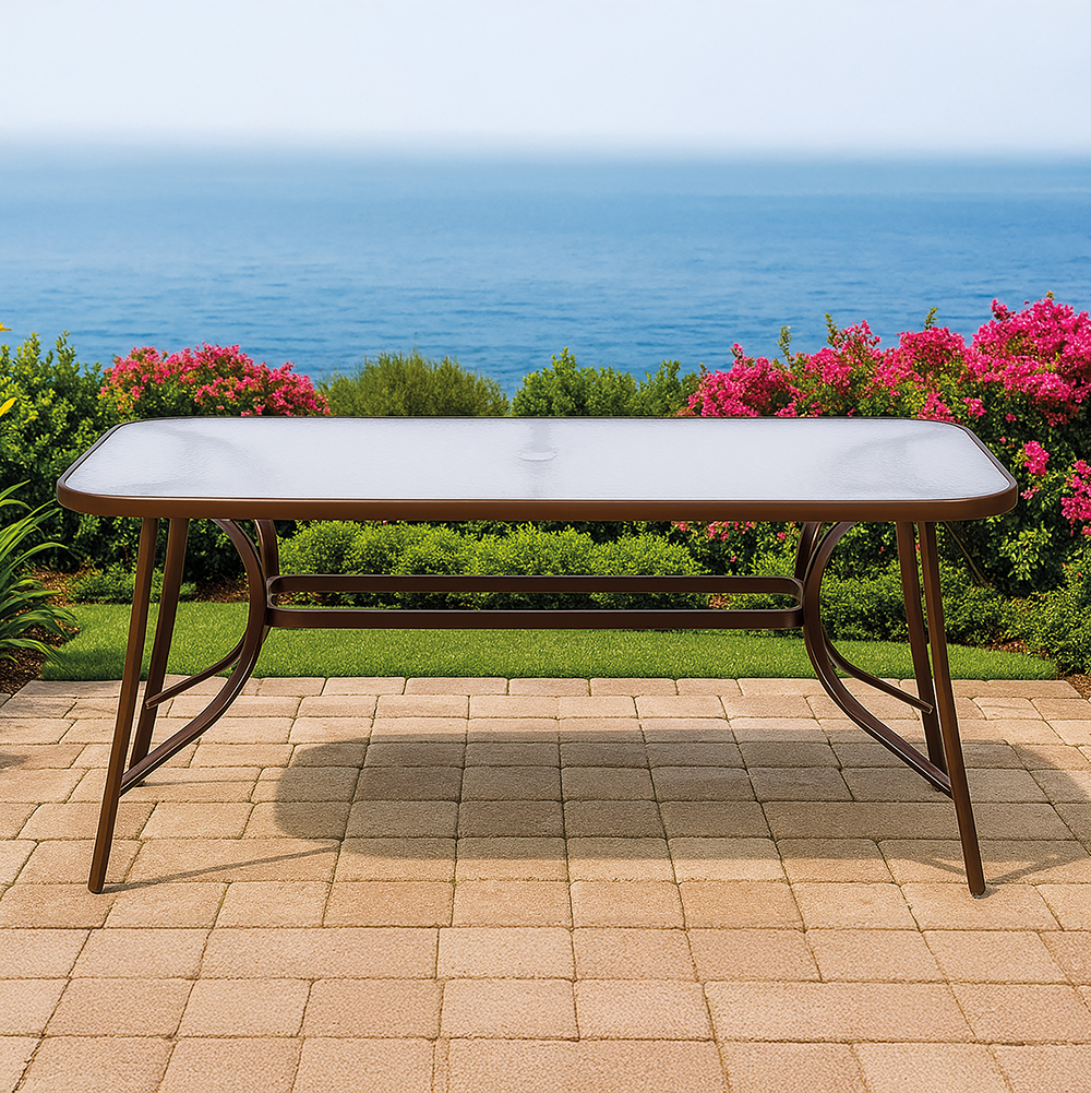 Tavolo da esterno 150x90 cm, in vetro e acciaio, marrone, Esté