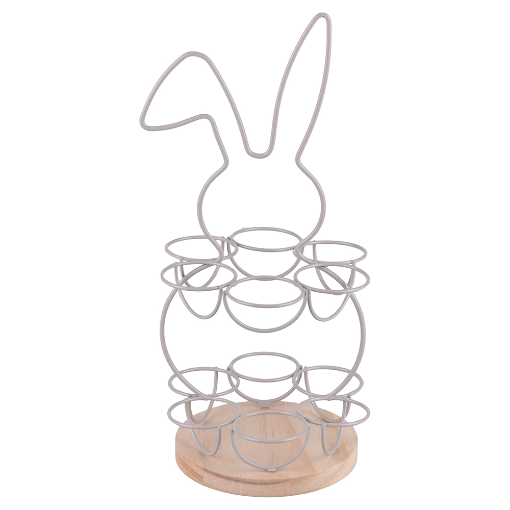 <p>Coniglio portauova in metallo con base in legno, Easter farm</p>