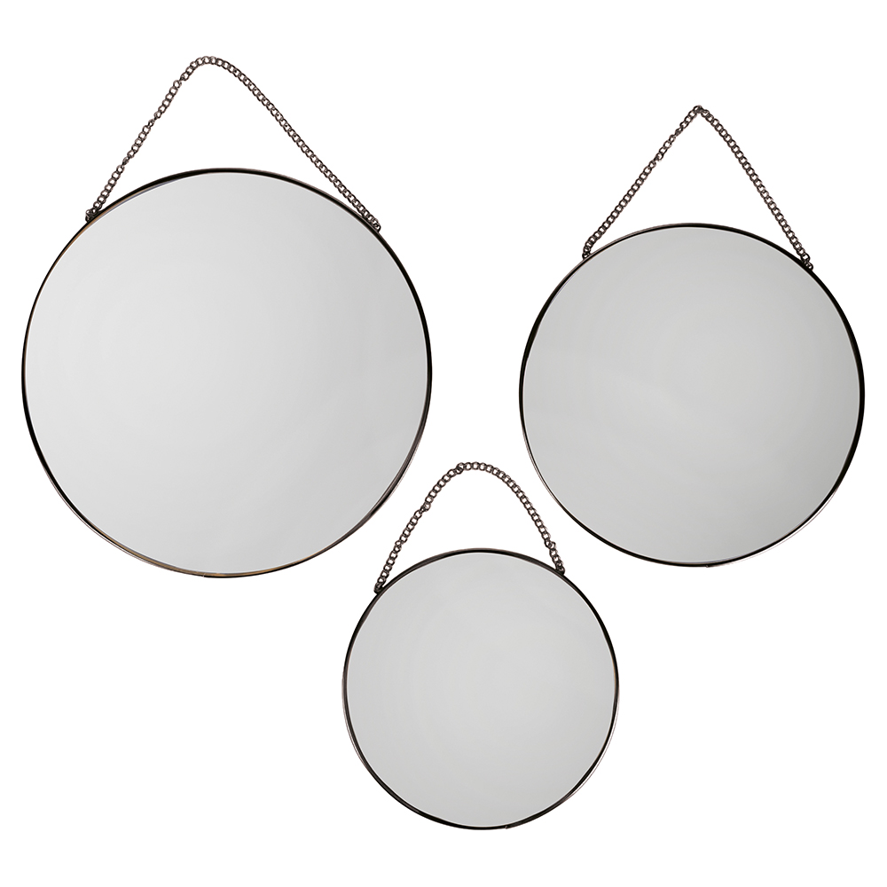 Set 3 specchi tondi con catenella, stile vintage glam, cornice nera, Sibilla