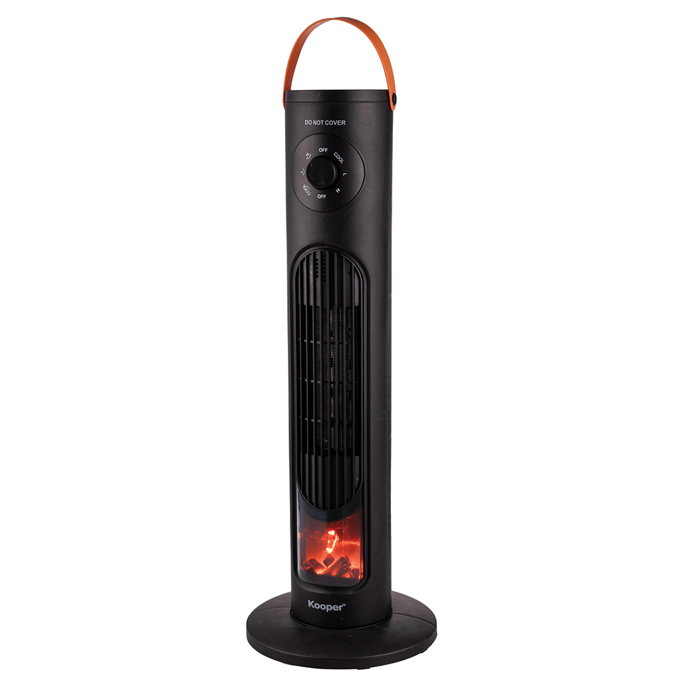 Termoventilatore a torretta 2000W, display con effetto camino, nero, Kooper