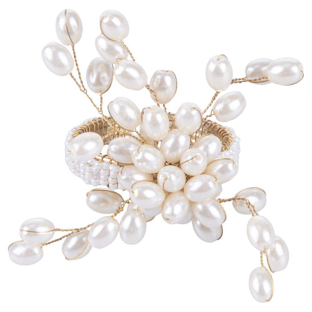 Anello porta tovagliolo con perle, design fiore, colore oro e bianco