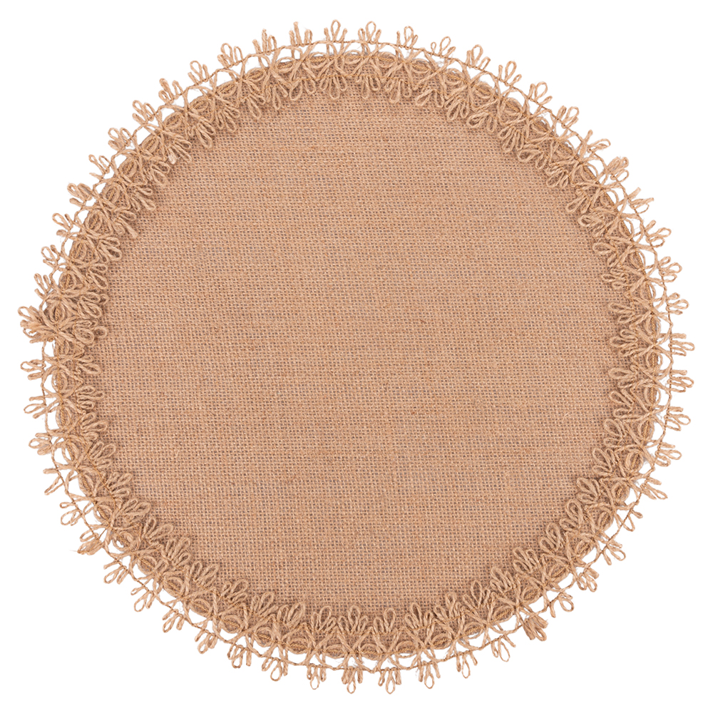 Tovaglietta tonda in juta, bordo ricamato