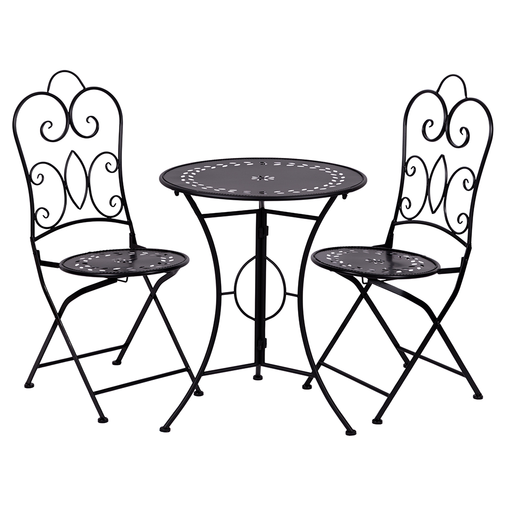 <p>Set tavolo e 2 sedie pieghevoli da esterno in ferro, nero, Provence Breakfast Esté</p>