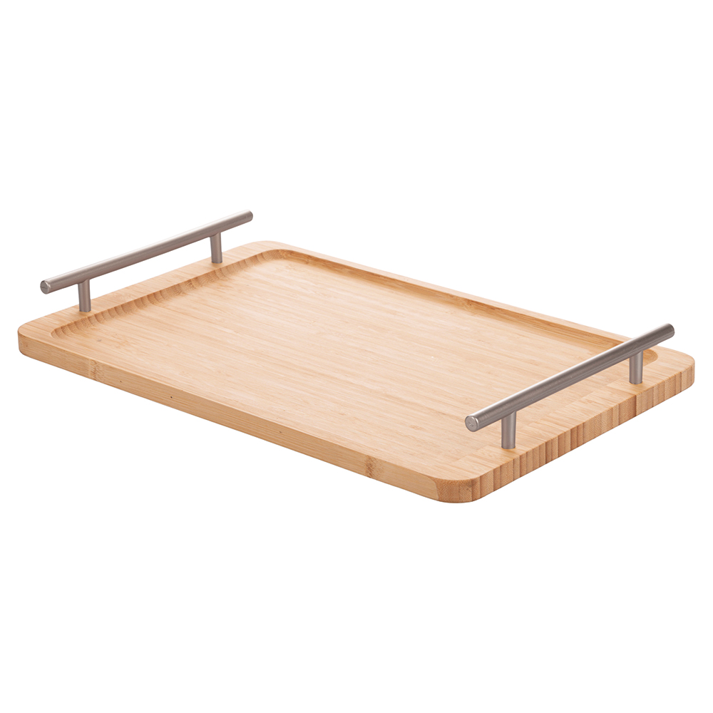 Vassoio 40x25 cm in bambù, manici silver, Natural