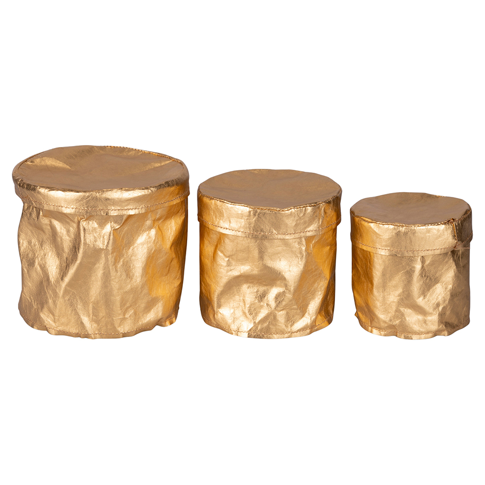 Set 3 cestini rotondi dorati con coperchio, Golden Kitchen