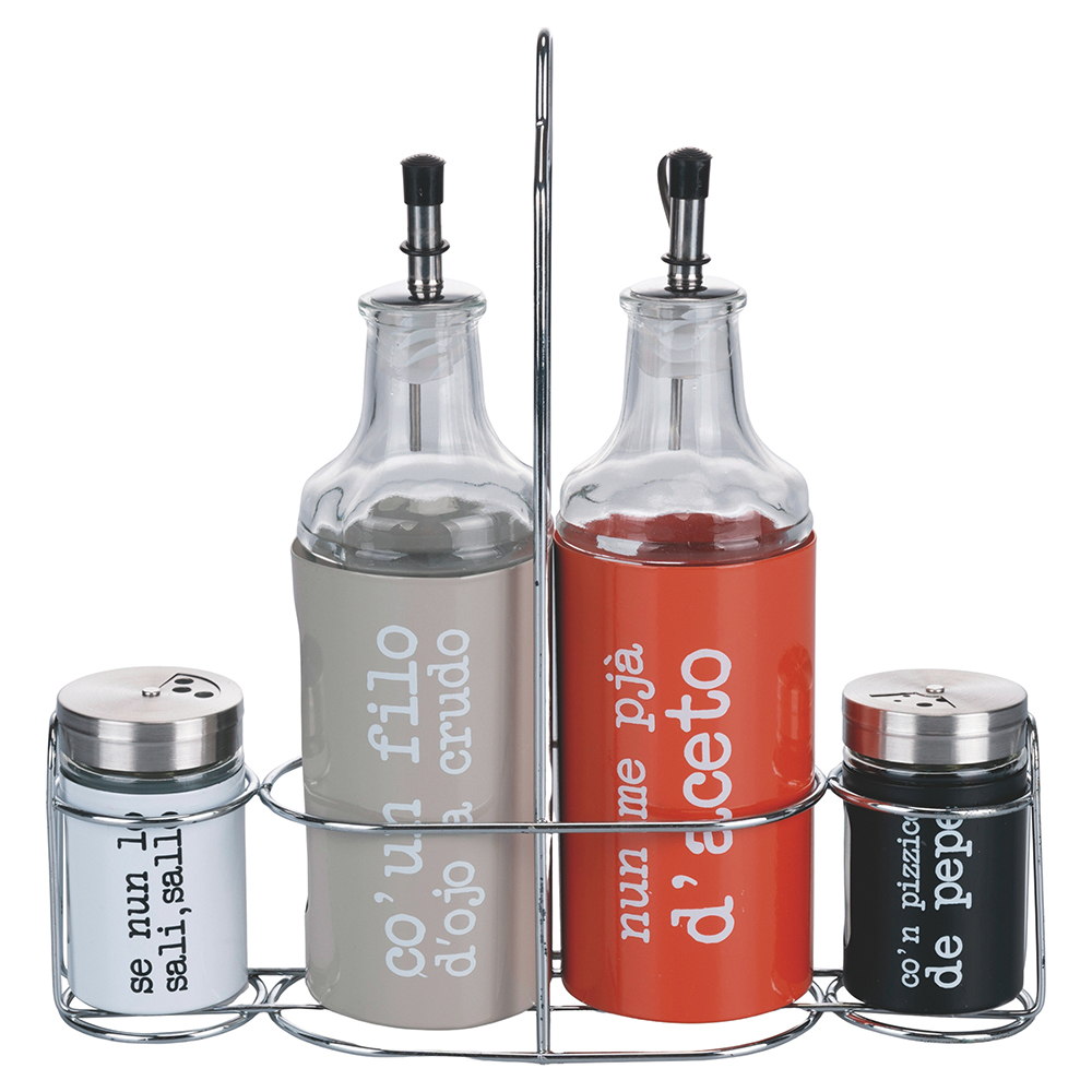 Set condimento olio, aceto, sale e pepe in vetro e acciaio inox, stand in ferro, S.P.Q.eRe