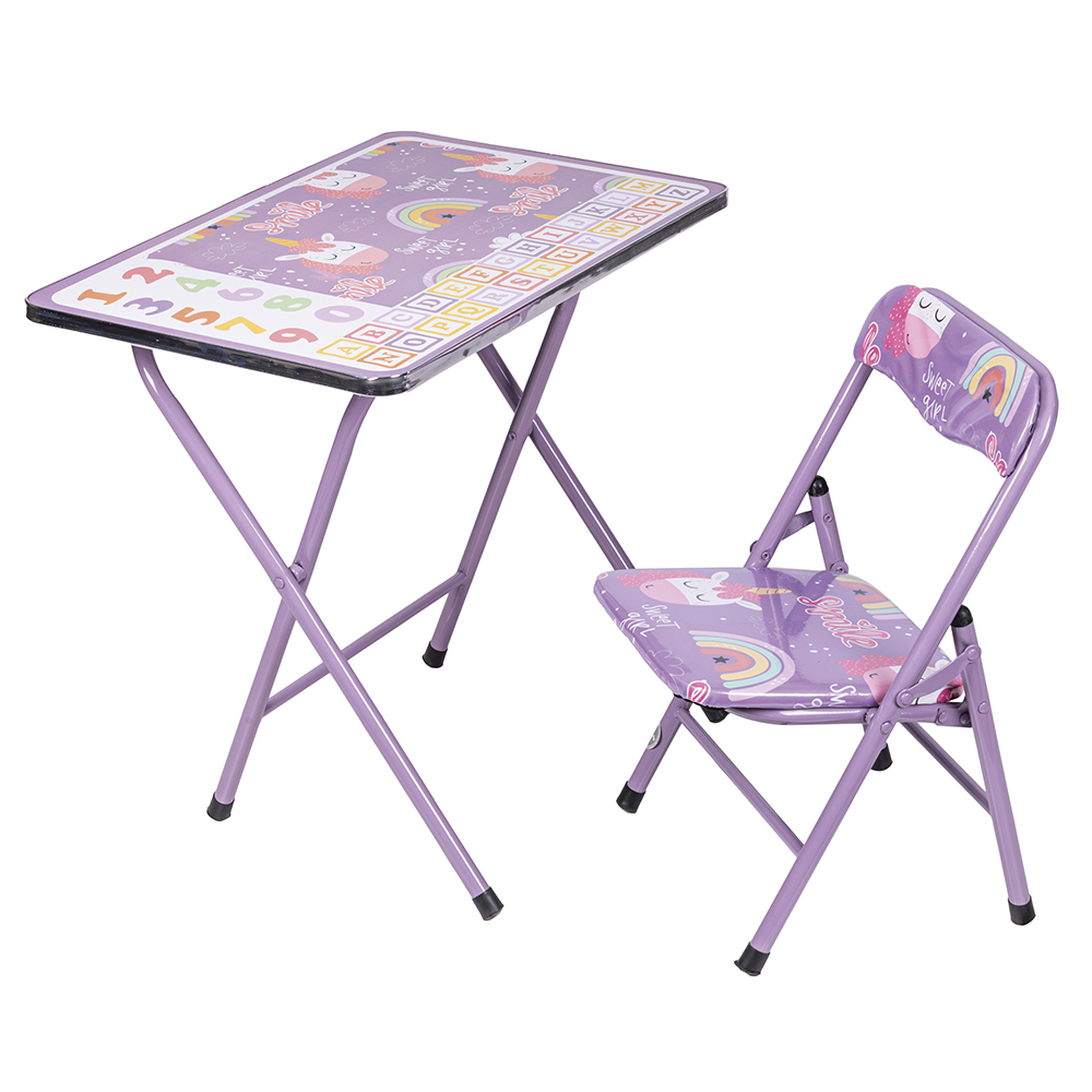 Tavolo e sedia per bambini, decoro unicorni, lilla, Sibilla
