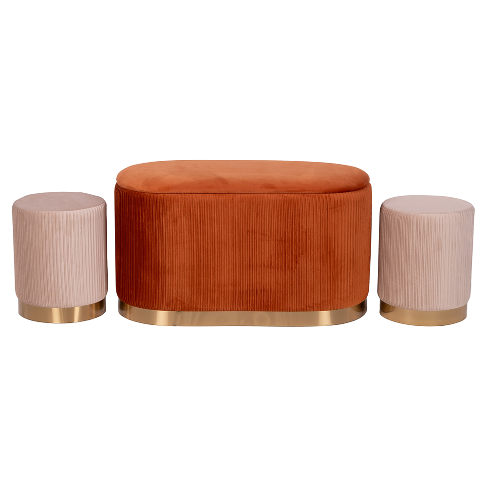 Set 2 pouf e panca contenitore effetto velluto, base dorata, Sunset