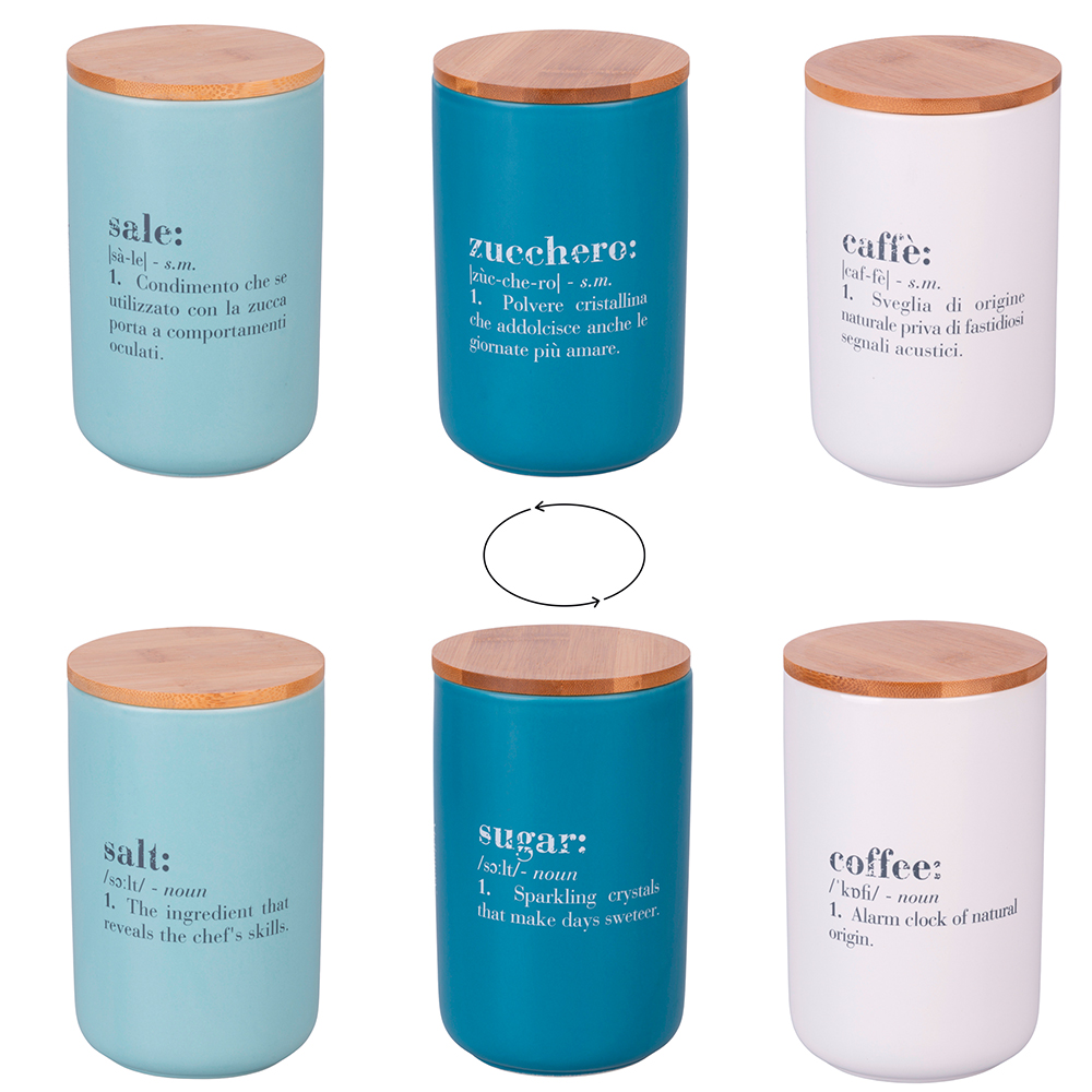 Set 3 barattoli sale, zucchero e caffè 1000 ml in ceramica e bambù, Victionary