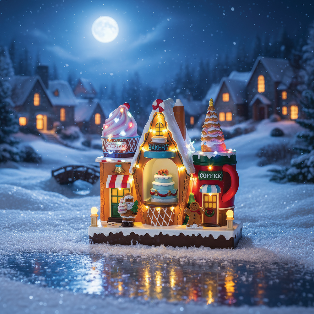 Villaggio natalizio candy con musica, movimento e 43 led 30x14x29cm, a batterie e corrente, Santa's