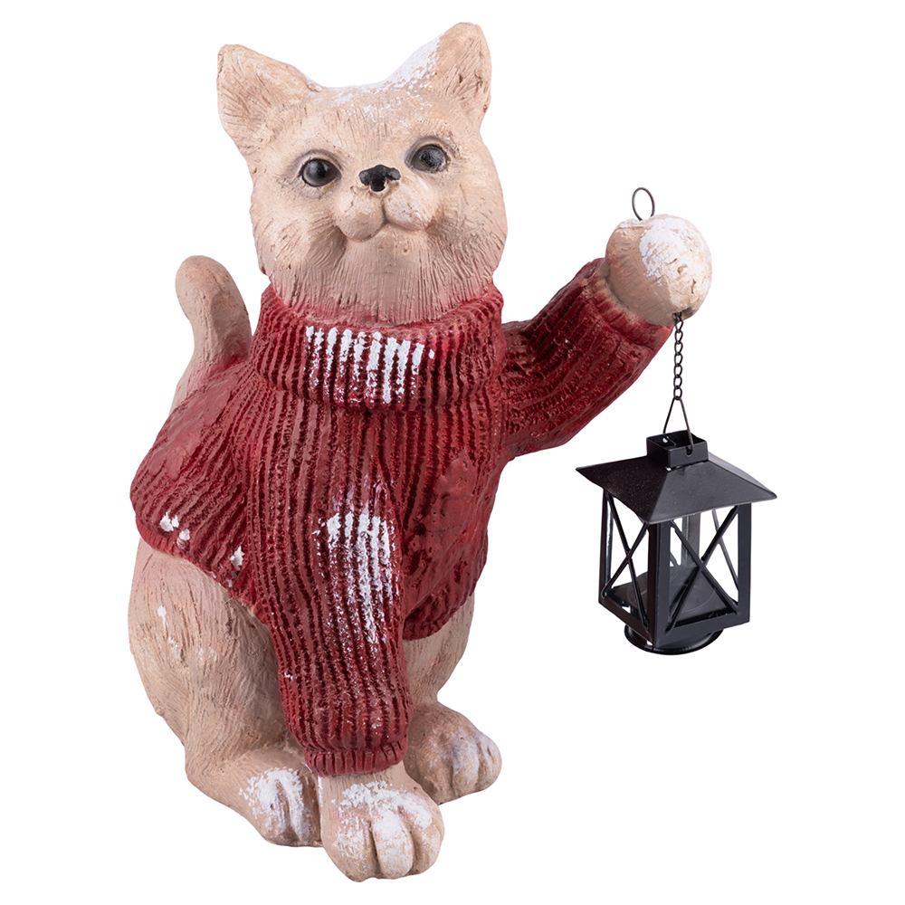 Gatto natalizio in poliresina h. 38,5 cm, lanterna porta t-light in ferro, Santa's House