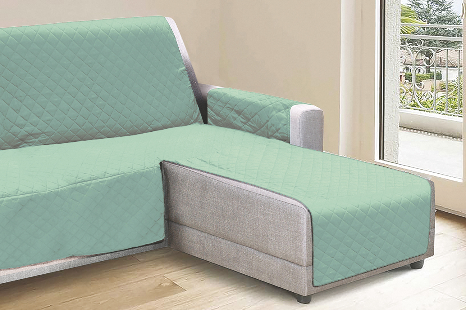 Copridivano verde salvia 3 posti con penisola reversibile 240x305 cm, Sibilla