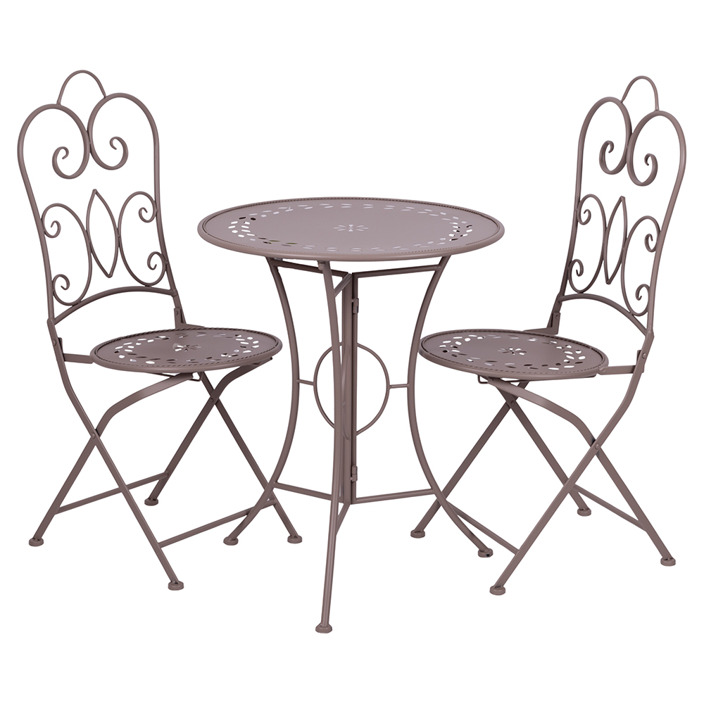 <p>Set tavolo e 2 sedie pieghevoli da esterno in ferro, tortora, Provence Breakfast Esté</p>