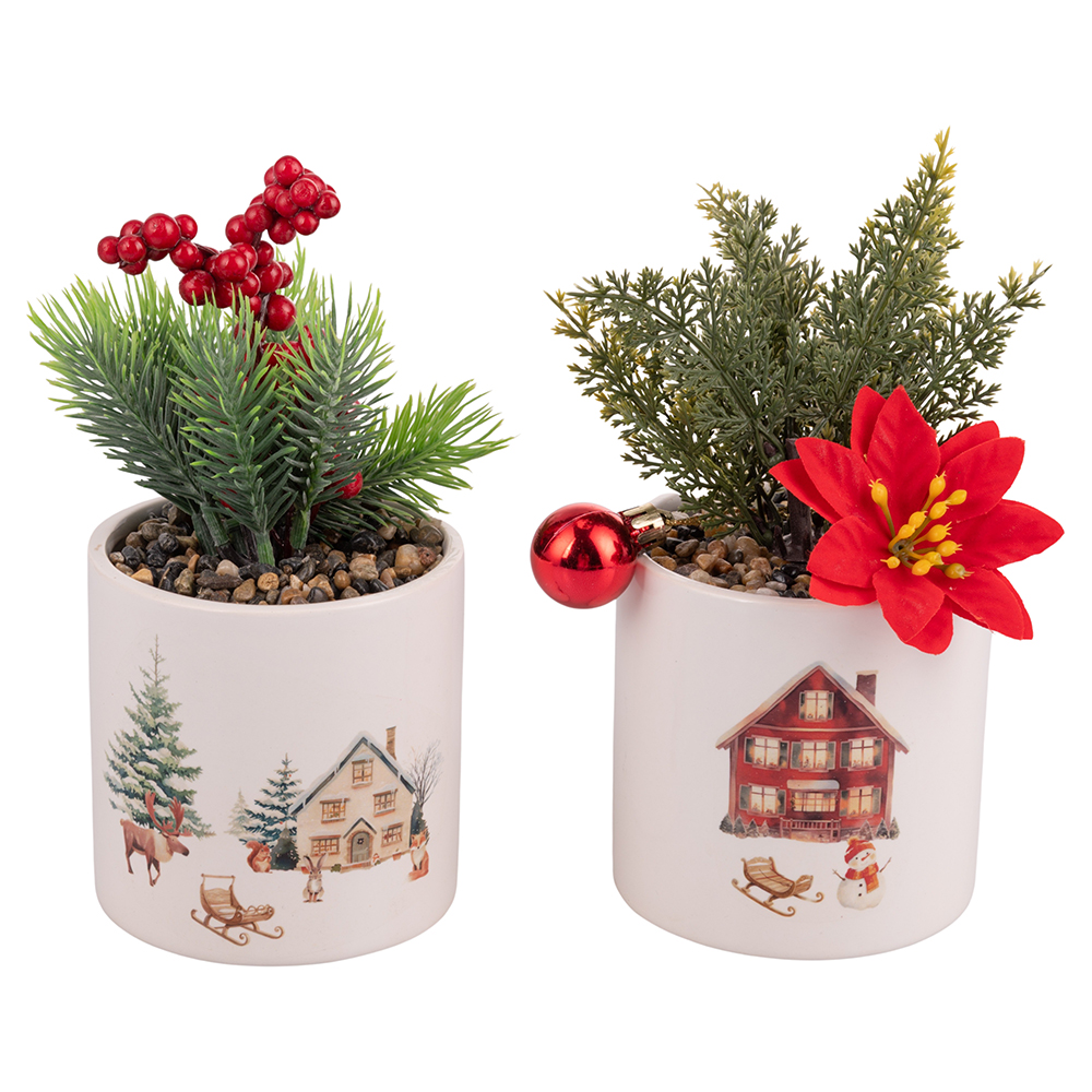 Piantina grassa artificiale, vaso in ceramica, Winter Village