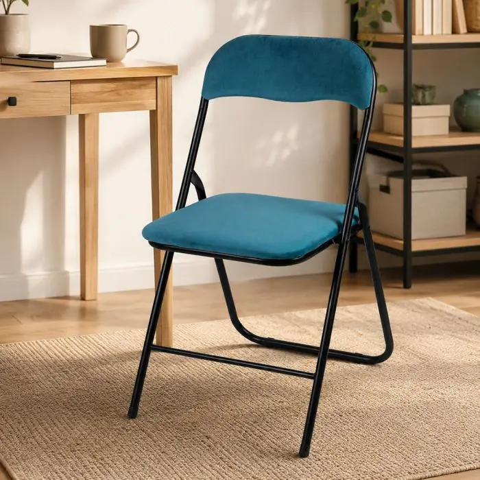 Sedia Pieghevole In Metallo Con Imbottitura In Velluto Blu - Spetebo - Sedia Per Ospiti Salvaspazio