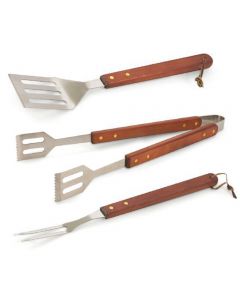 Set 3 utensili barbecue in acciaio e legno, BestBQ
