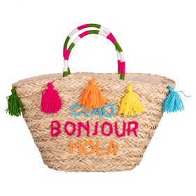 Borsa mare in paglia con nappine, Ciao, Bonjour, Hola