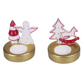 Porta T-light natalizio rosso e oro in ceramica, XMas