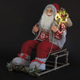 Babbo Natale 12 led in stoffa slitta in legno h. 50 cm