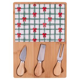 Set tagliere e 3 coltelli da formaggio, in legno di bambù e ceramica, Natale coi fiocchi