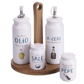 Set olio, aceto, sale e pepe in gres, stand in legno, Le Travisate