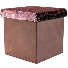 Pouf contenitore multiuso effetto velluto e paillettes rosa, Sibilla