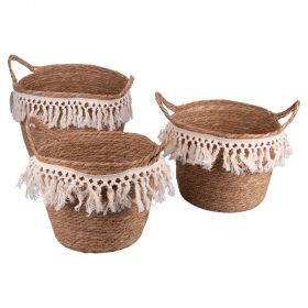Set 3 ceste in fibra naturale e nappine intrecciate, Natural
