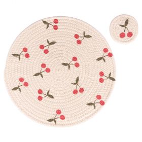Set tovaglietta e sottobicchiere in policotone, avorio, ciliegie, Fruit for one