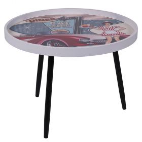 Tavolino tondo da salotto Ø60xh.45 cm, decoro diner car, Sibilla