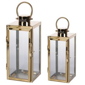 Set 2 lanterne in ferro e vetro, gold lucido