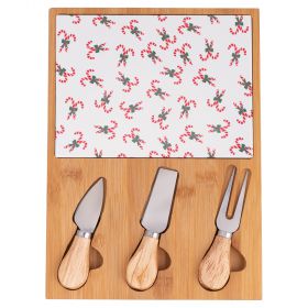 Set tagliere e 3 coltelli da formaggio, in legno di bambù e ceramica, Natale coi fiocchi