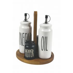 Set olio, aceto, sale e pepe in gres, stand in legno, Urban Kitchen