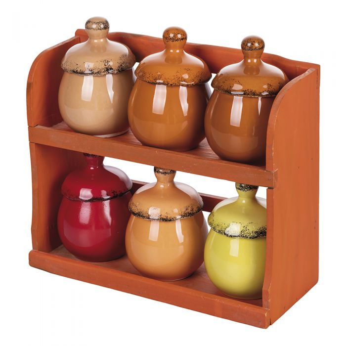 Set 6 barattolini porta spezie in ceramica stand in legno Ba