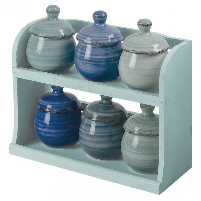 Set 6 barattolini porta spezie in ceramica stand in legno Ba
