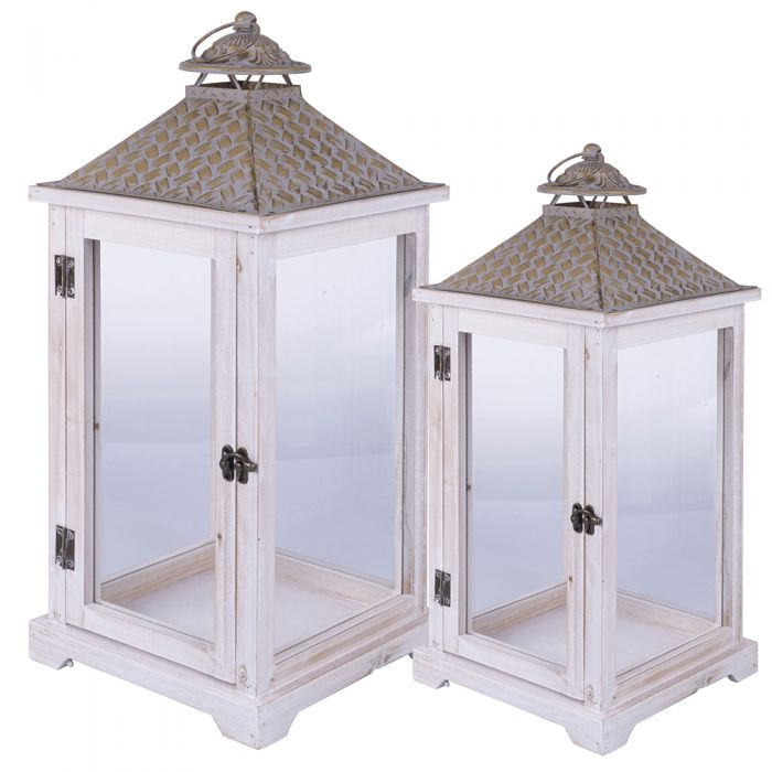 Set 2 lanterne decorative grandi bianco e oro in vetro legno