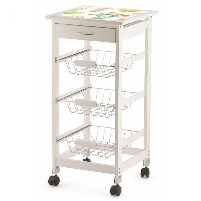 Carrello cucina 37x37x76 cm legno bianco top invetro decorat