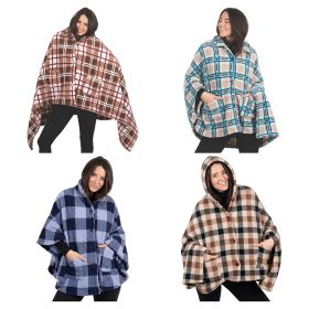 Poncho a scacchi taglia unica in sherpa con bottoni, LeFlaf