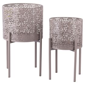 Set 2 porta vasi 20x36 cm e 25 x43 cm in ferro con piedistallo, tortora, Est&#233;