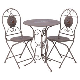 Set tavolo e 2 sedie pieghevoli da esterno in ferro, decoro con scritta colazione, tortora, Esté