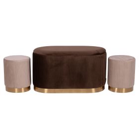 Set 2 pouf e panca contenitore effetto velluto, base dorata, Chocolate