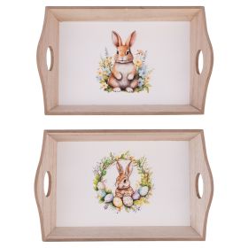 Mini vassoio in legno doppia impugnatura, decoro con coniglietti e uova 23,5x15x4,5, I pasqualini