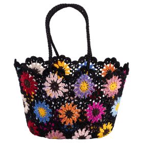 Borsa effetto uncinetto, decoro floreale multicolor, nero, Crochet