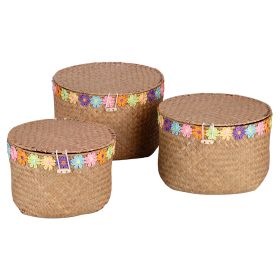 Set 3 ceste con coperchio in fibra naturale, Natural