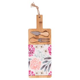 Set tagliere e 2 coltelli da formaggio, in legno di bambù, decoro floreale in ceramica, 15x41 cm, Ne
