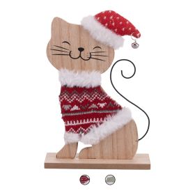 Gattino natalizio con cappello e campanellino, in legno e in poliestere effetto teddy, 16x5,5x29 cm,