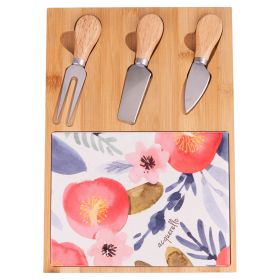 Set tagliere e 3 coltelli da formaggio, in legno di bambù, decoro floreale in ceramica, 30,5x21,5 cm