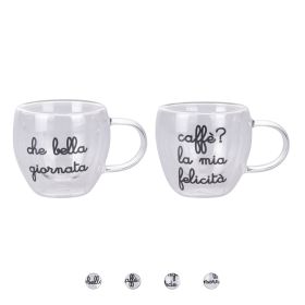 Set 2 tazzine caff&#232; 80 ml con manico in vetro borosilicato incamiciato
