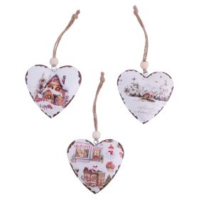 Set 3 appendini cuore natalizi 6,5 cm in metallo, cordino in juta, Winter Village